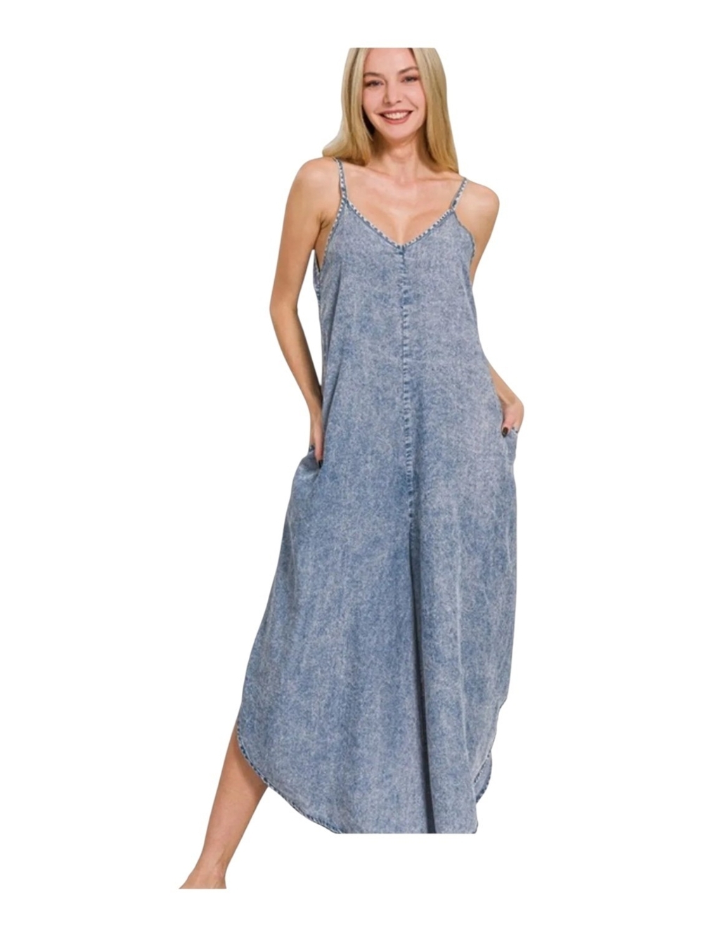 Zenana Acid Wash Chambray Jumpsuit